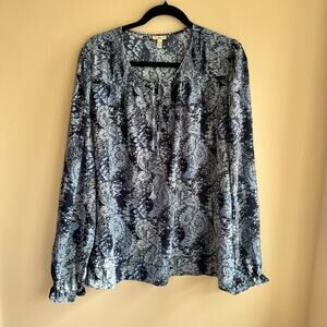 Joie Ruffle Pleated Paisley Top Blue Front Tie Half Button Long Sleeve Sz XL